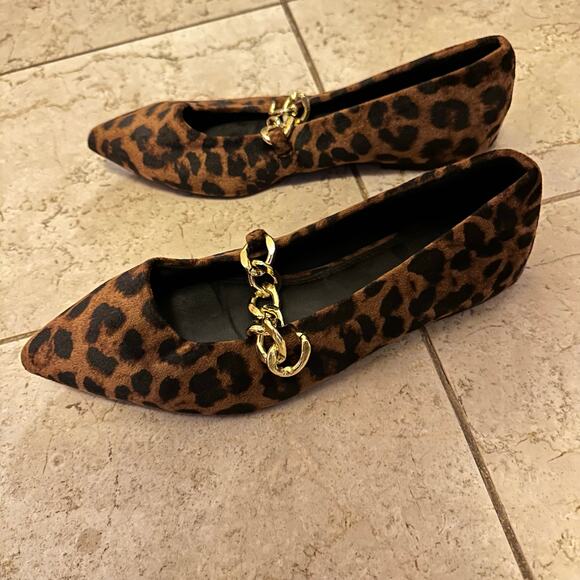 Asos Design 7 Mary Jane Pointed Suede Ballet Flat Leopard Old Money Gold Chain - Picture 3 of 11